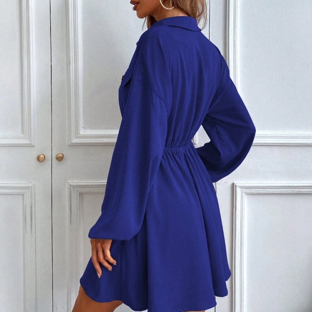 Blue Casual Women's Flap Detail Lantern Sleeve Shirt Dress Without Belt - Picture 4 of 7